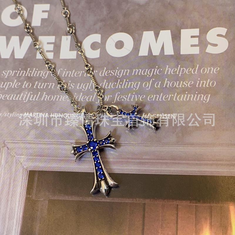 V Gold High Edition Double Cross Necklace with 18K Gold Plating & Multi-Color Diamond Pendant