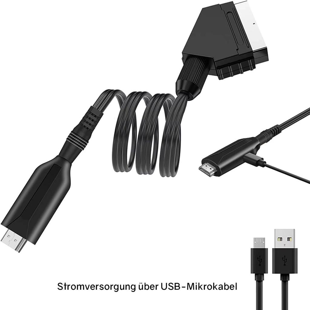 SCART-zu-HDMI-Konverterkabel, Video- und Audio-Konverteradapter mit SCART-Eingang und HDMI-Ausgang, unterstützt 720p/1080p-Umschaltung für HDTV und DVD-Player