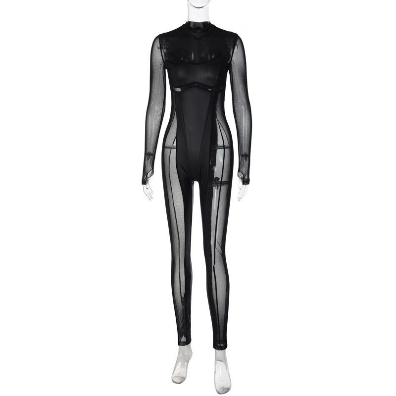 

European and American Style Women s Clothing 2024 New Autumn Fashion Spliced Mesh Round Neck Back Zipper Long-Sleeved Jumpsuit Black S