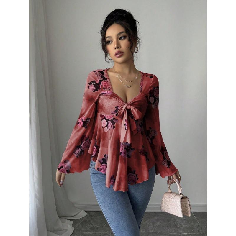 DAFIFY Women's Fashion Casual Spring Autumn Flower Pattern Print Long Sleeve V-Neck Blouses & Shirts