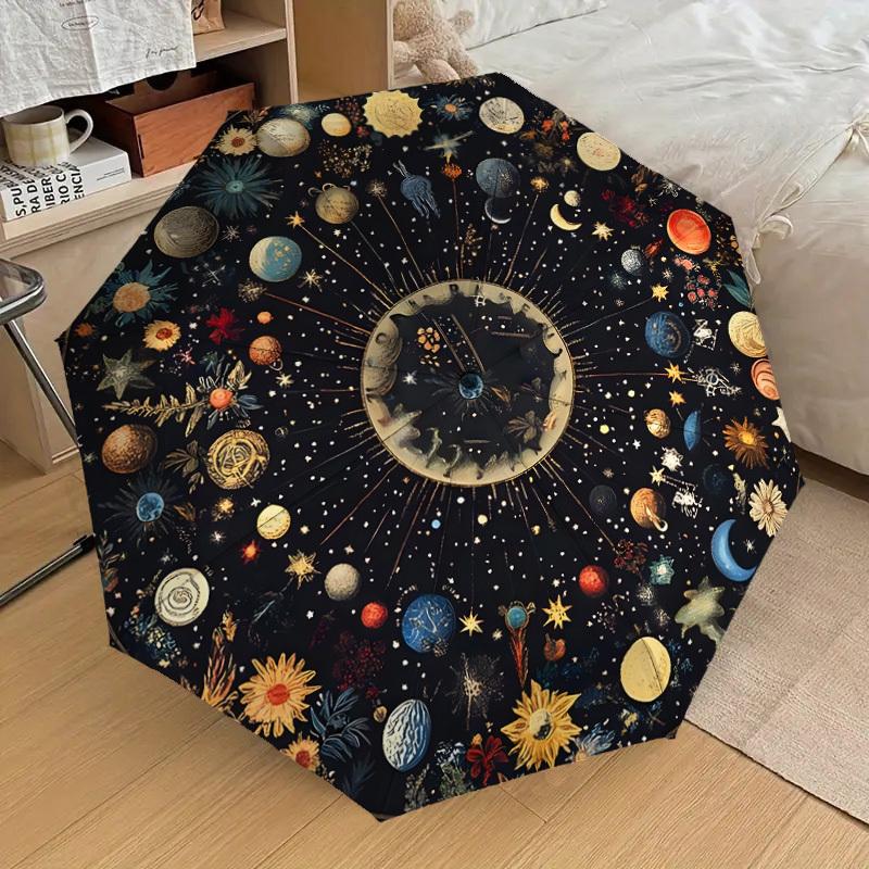 1pc Celestial Patterns Planets, and Flowers Umbrella with Plastic Handle,Suitable for All Seasons Home Travel Outdoor UmbrellaDD1303