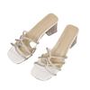 Thick heel cool slippers foreign trade European and American middle heel fashion shoes square head rhinestone women's shoes transparent high heel slip