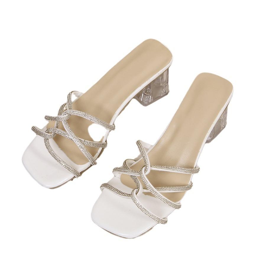 Thick heel cool slippers foreign trade European and American middle heel fashion shoes square head rhinestone women's shoes transparent high heel slip