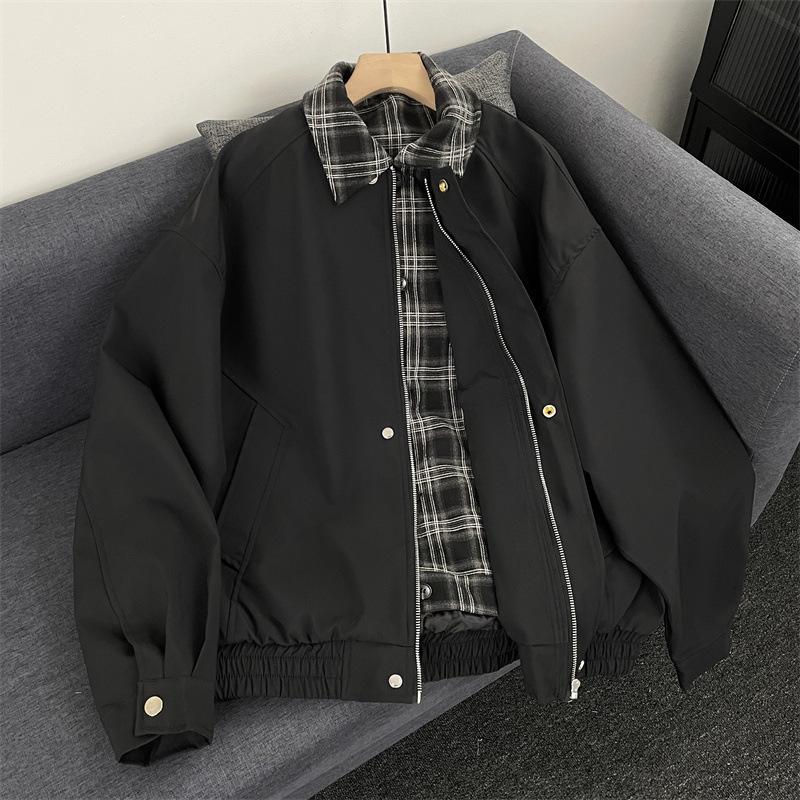 Men's Retro Plaid Patchwork Flight Jacket - Brown Casual Baseball Style