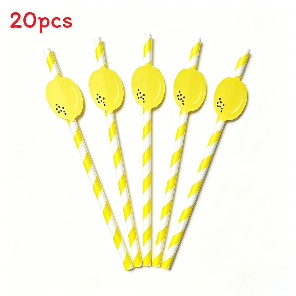 Degradable Paper Straws For Parties With Lemon Pattern For Cake Drinks And Cocktails