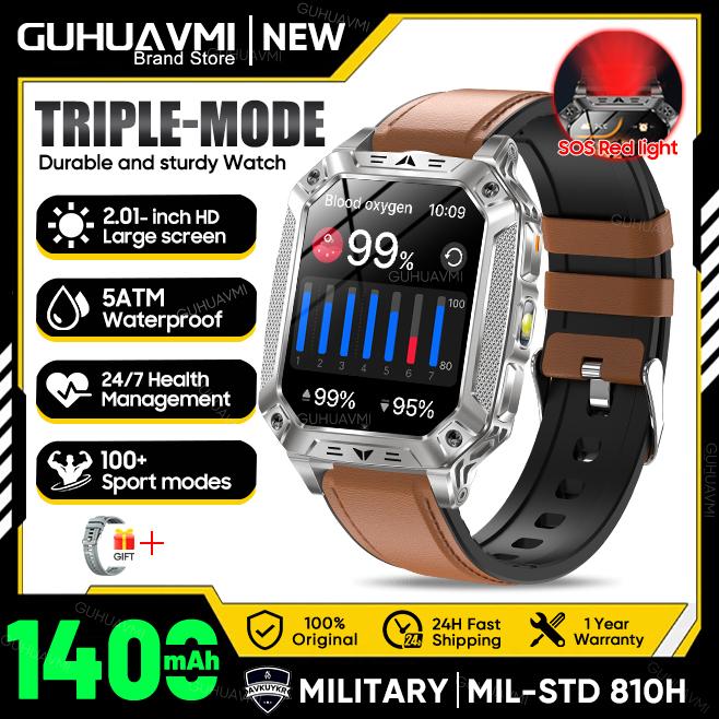 New Outdoors Durable Military Men Smart Watch 1400mAh battery 5ATM Swim LED flashlight+SOS Red Light Sports Call Smartwatch