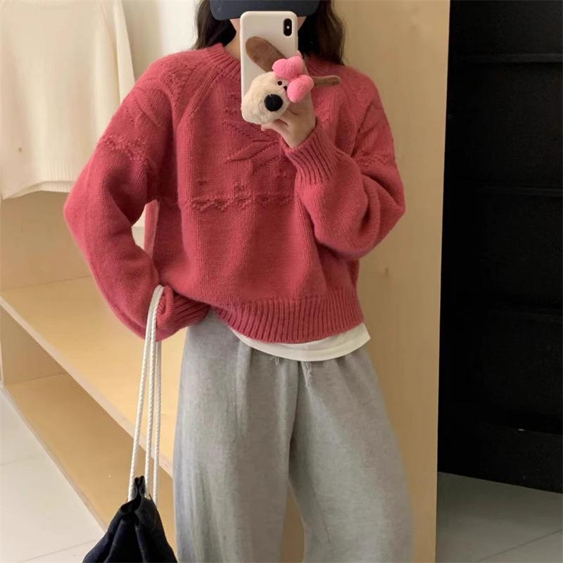 Autumn and winter crew neck pullover sweater women's high-end jacquard loose solid color versatile women's short knitted top