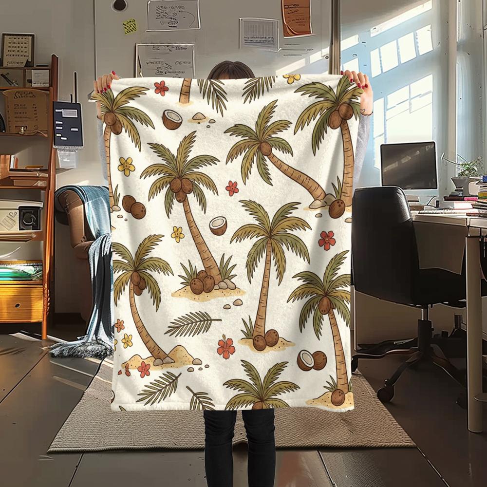 1PC Summer Beach Print Flannel Blanket, High quality All Seasons, Home Decor, Warmth and Comfort, Perfect for Christmas Gifts