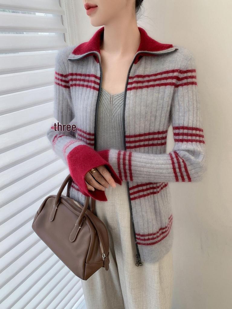 Color Block Slim Fit Cashmere Cardigan - Women's High Collar Zipper Sweater.