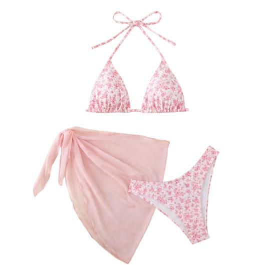 3-tlg./Set Damen Blumenmuster Bikini-Set Neckholder Gepolstert Ohne Bügel BH Schnelltrocknend Badehose Unifarben Überwurf Rock Set Sommer Strandmode