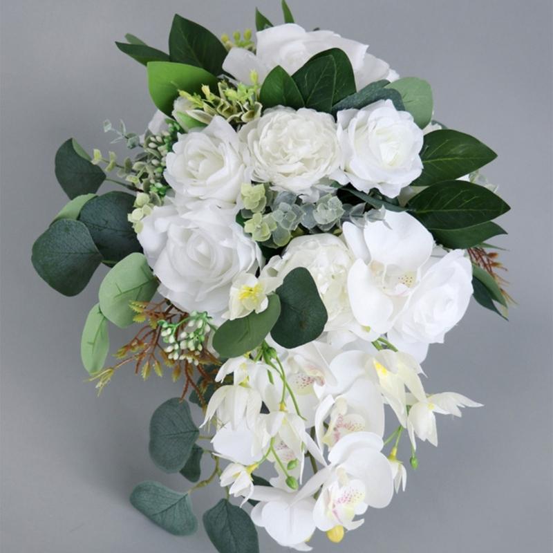 12“ Bouquet a Cascata Bouquet da Sposa per Sposa Rosa Bianca Orchidea Fiori Artificiali Bouquet da Sposa per Inverno Estate