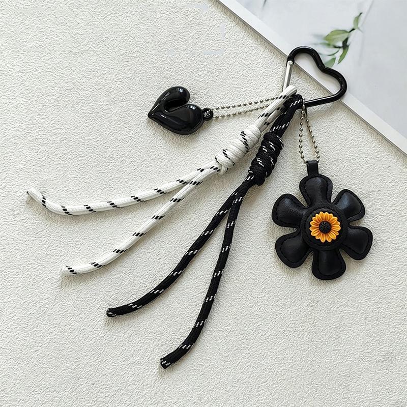 Yogodlns Creative PU Leather Sunflower Printed Charm Pendant Hand-Knotted Woven Rope Bag Acc