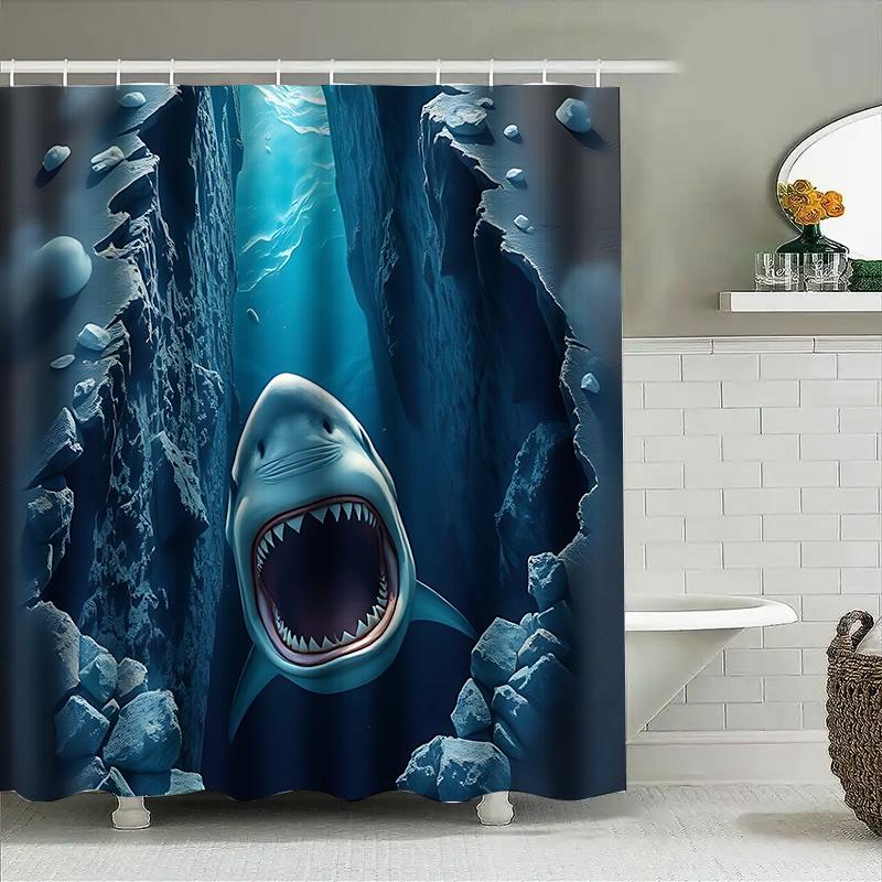 3D Shark Passing Through Rock Cave Print Waterproof Polyester Shower Curtain For Bathroom Decor With Hooks Complimentary Hook
