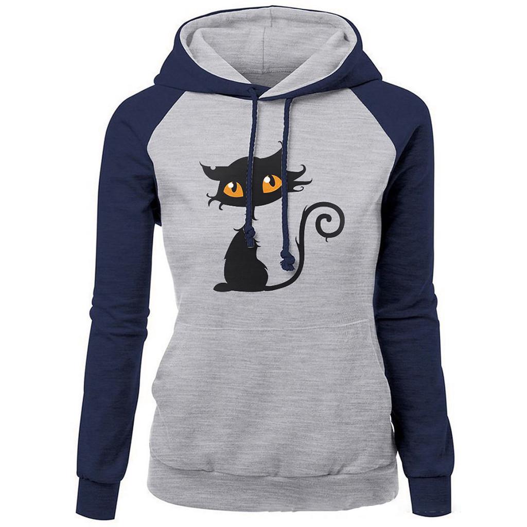 Buy Women Cat Print Long Sleeve Solid Sweatshirt Hooded Pullover Tops