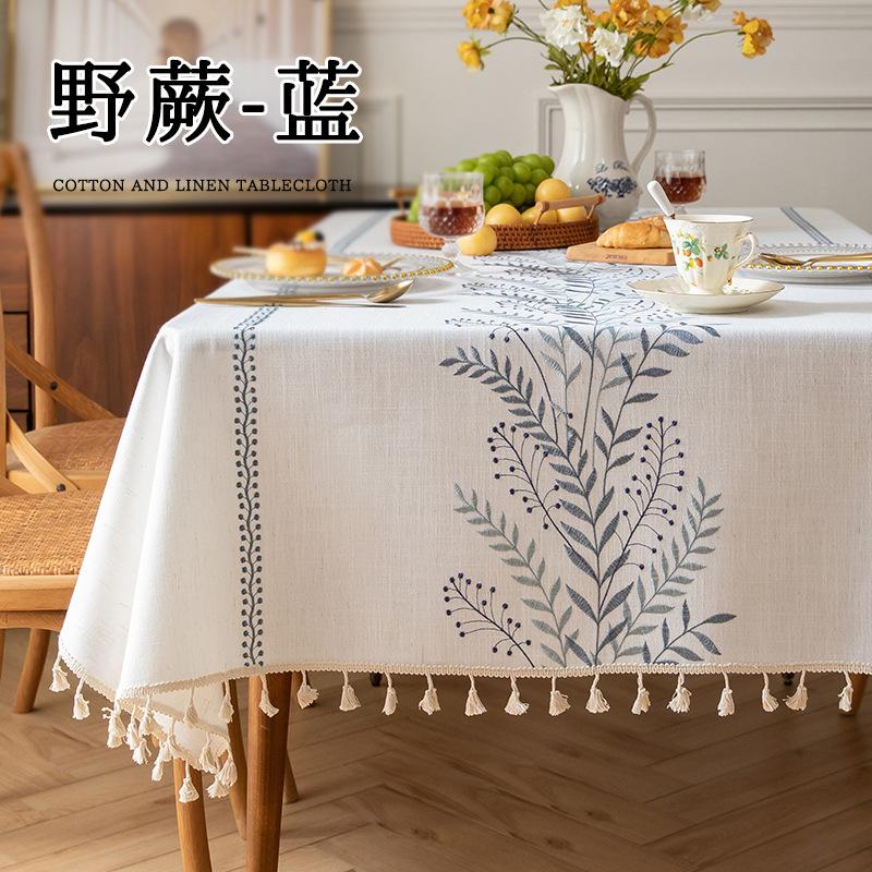 Cotton Linen Table Cloth Heavy Duty Embroidery Tablecloths Farmhouse Tablecloth Soft and Wrinkle Free Table Cover with Tassels