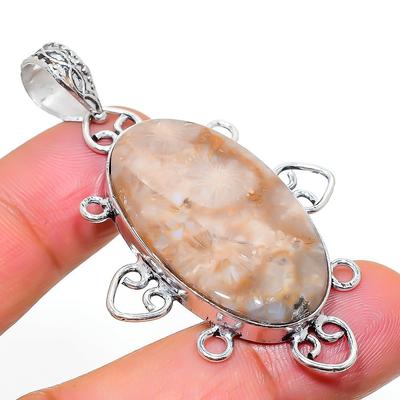 Natural Fossil Coral Gemstone Handmade 925 Sterling Silver Pendant 2.32" i7P81