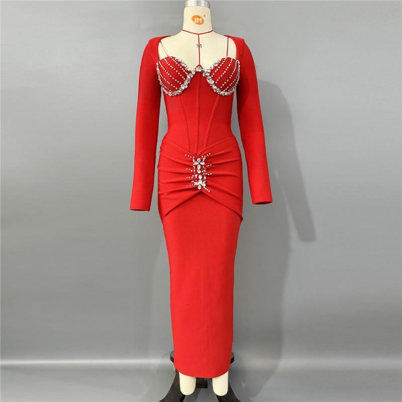 New long-sleeved bandage dress temperament long dress fashion dress heavy industry diamond women's temperament