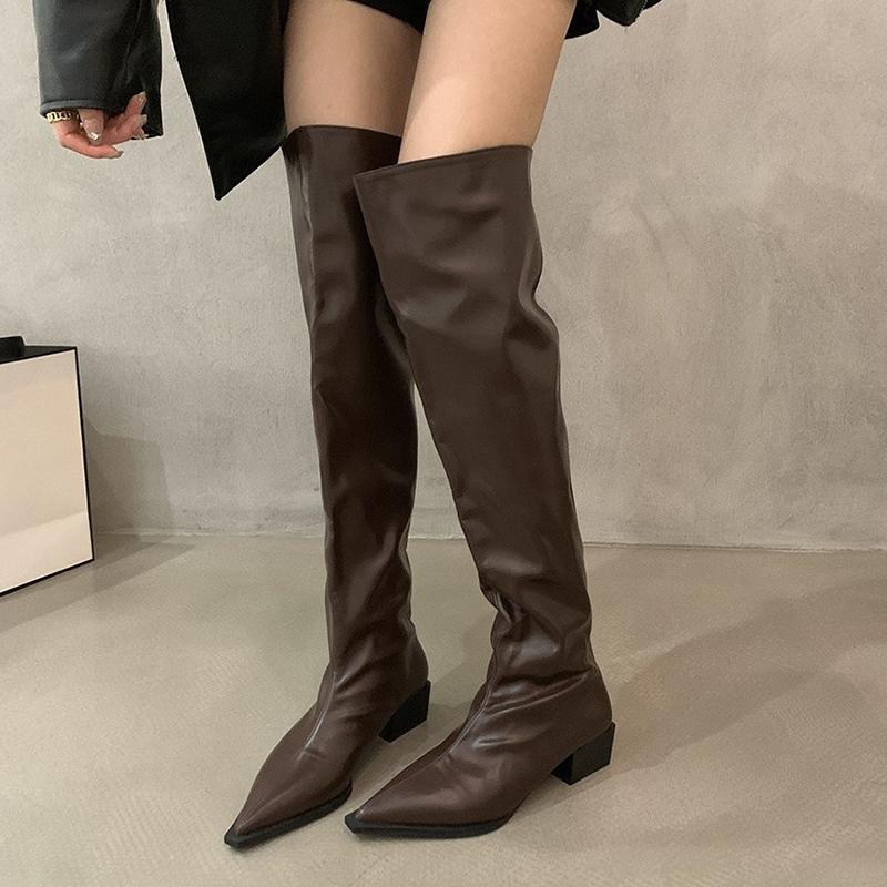 Quality Pointed Toe Womens Long Boots Mid Heels Designer Shoes Winter Leather Chelsea Boots Pumps Walking Gothic New Mujer Boots