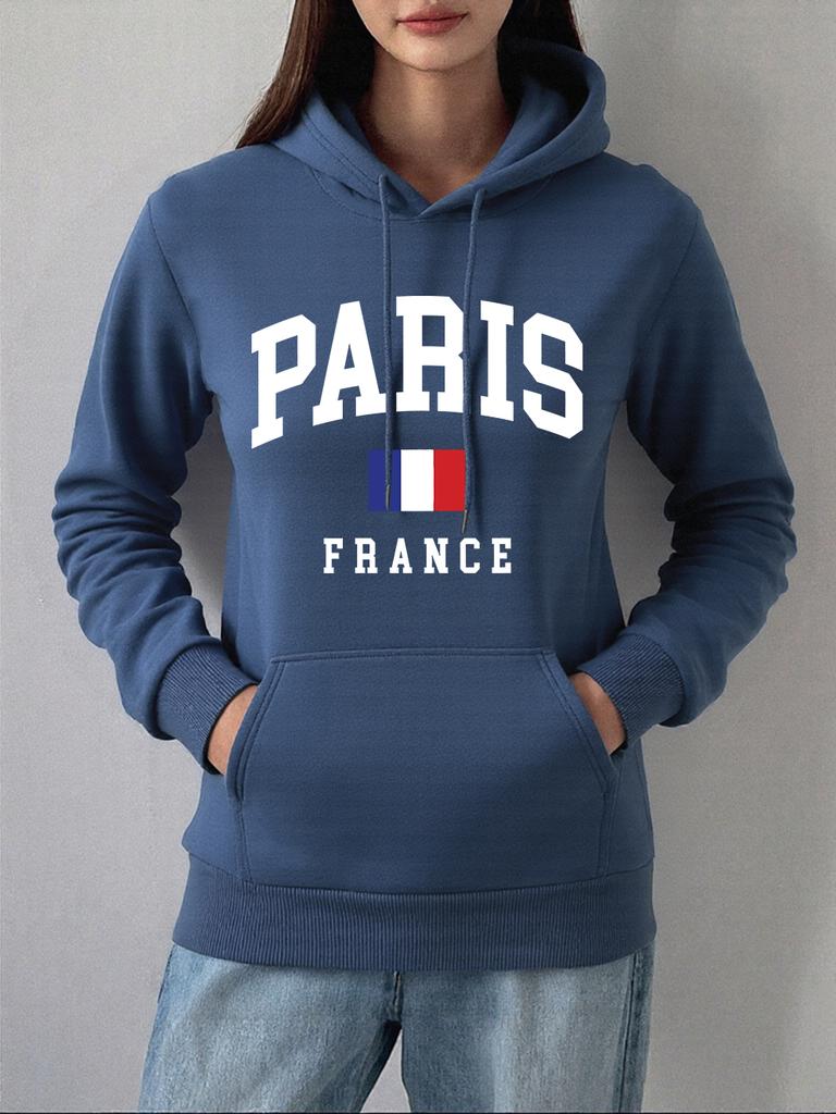 Paris France Flag Printing Hoodies Women Basics Comfortable Sweatshirt Fleece Warm Soft Pullover Casual Pocket Womans Clothes