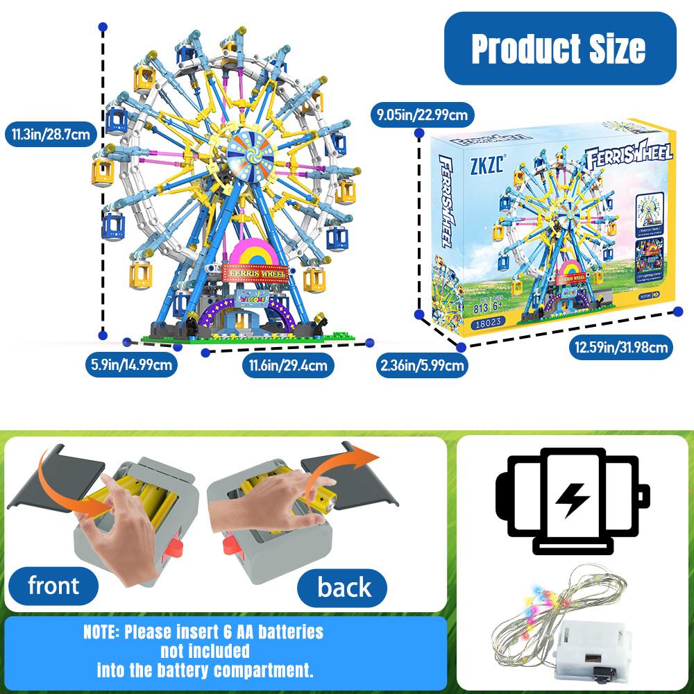 Non-Toxic City Friends Rotating Ferris Wheel Building Blocks Moc Pink Blue Electric Bricks With Light Toys For Children Christmas Diy Gift