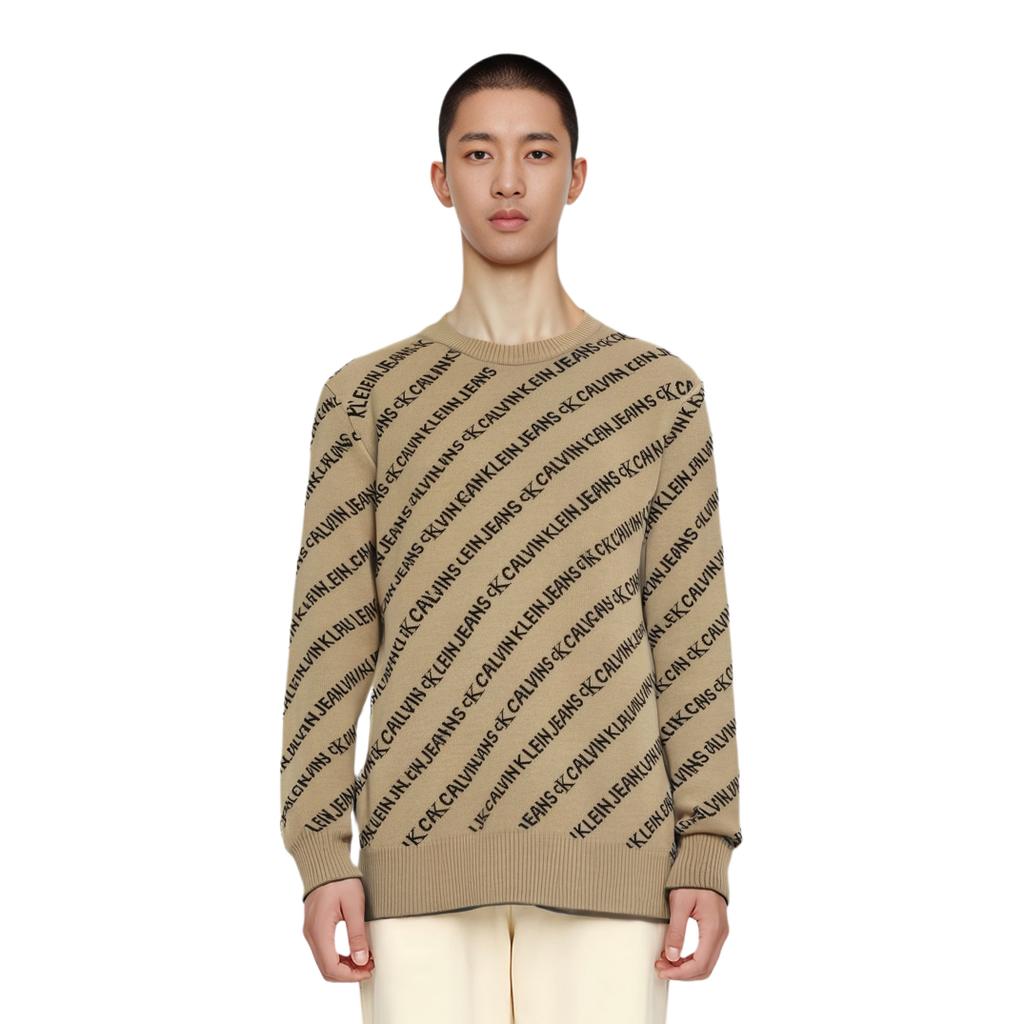 Calvin Klein Allover Letter Jacquard Crewneck Sweater Men Sweater Khaki J319617-PBF