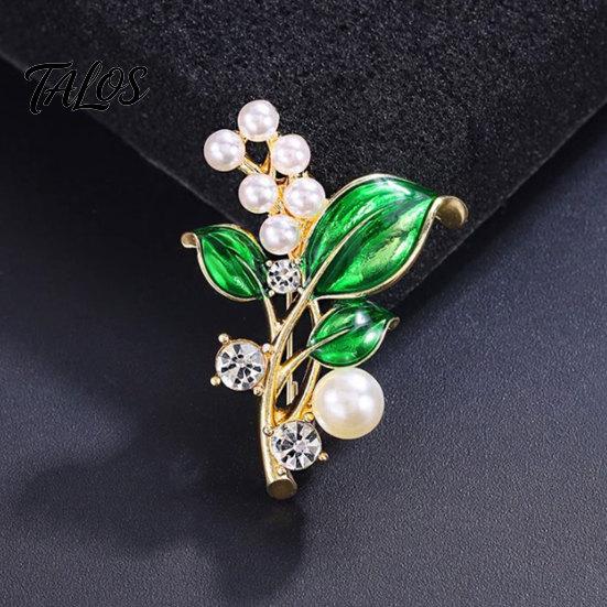 Talos Brooch Pin, Plant Shape Lapel Pin with Green Leaf Design, Imitation Pearl Rhinestone Combination Stable Buckle for Daily Commuting And
