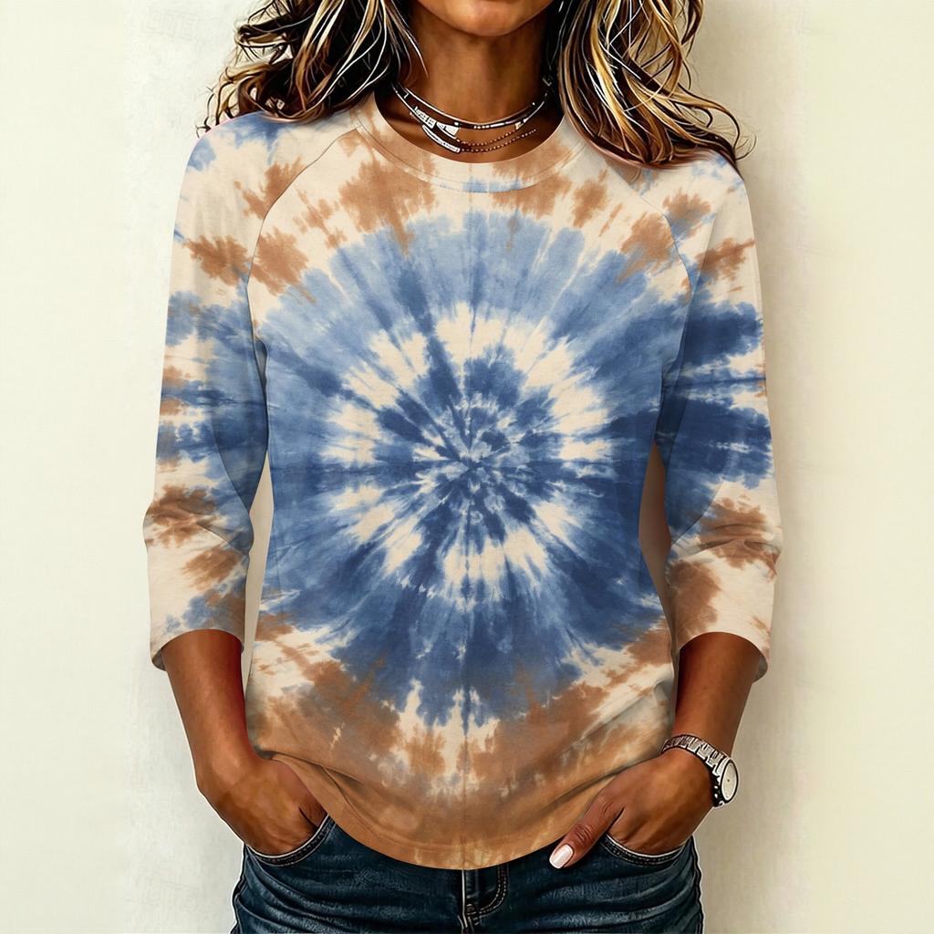 Damen Lässiger Raglanärmel Pullover T-Shirt Rundhalsausschnitt Dreiviertelarm Batik Print Oberteil für den Alltag