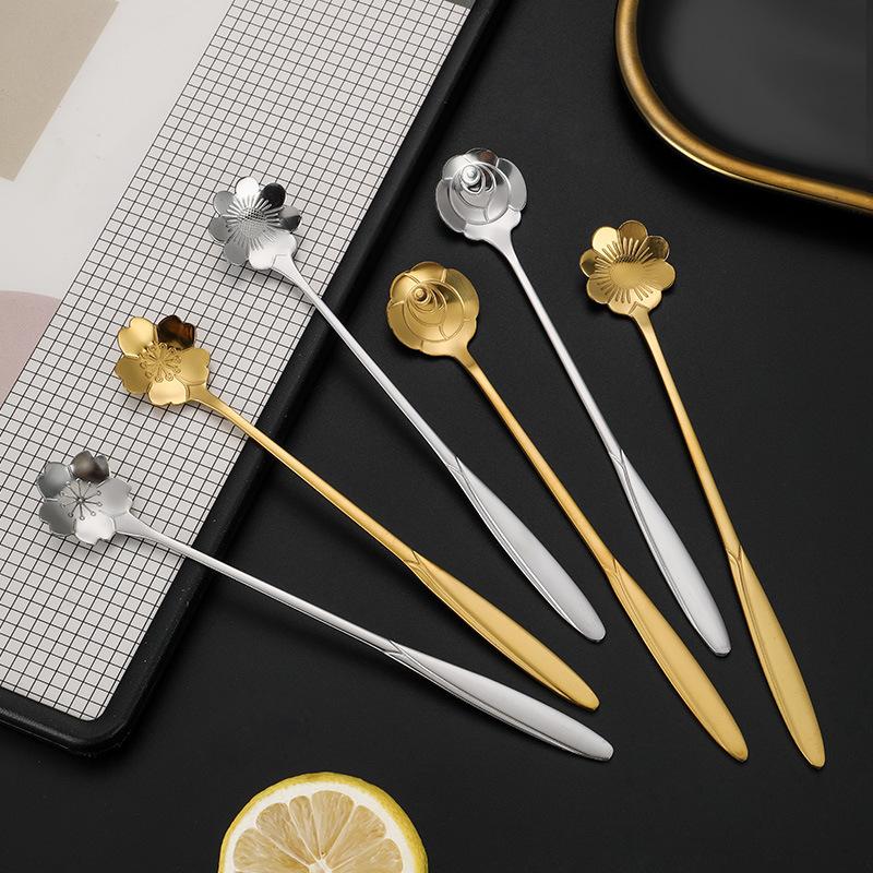 Stainless steel long handle stirring spoon milk powder coffee spoon dessert spoon creative golden small spoon small round spoon