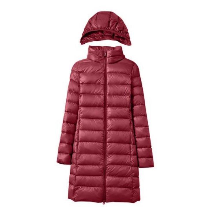 Women Plus Size Winter Down Coat Slim Fit Mid Length Hooded Windproof Warm Padded Long Sleeves Solid Color Zipper Closure