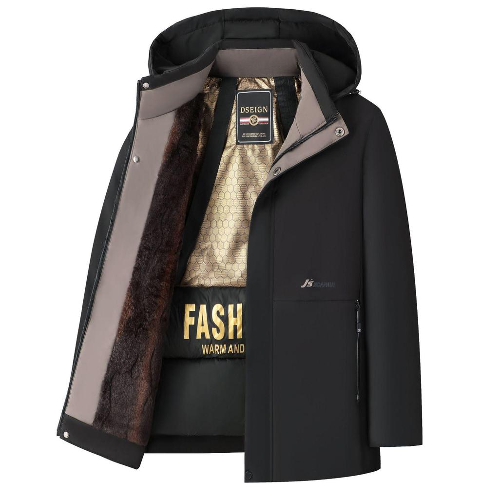 Men's Black Gold Fleece-Lined Hooded Winter Jacket - Thick Warm Cotton Parka for Middle-Aged Dads