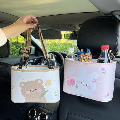 Cartoon Bear Car Trash Can Leather Printing Car Storage Bucket Hanging Multi-functional Car Storage Box