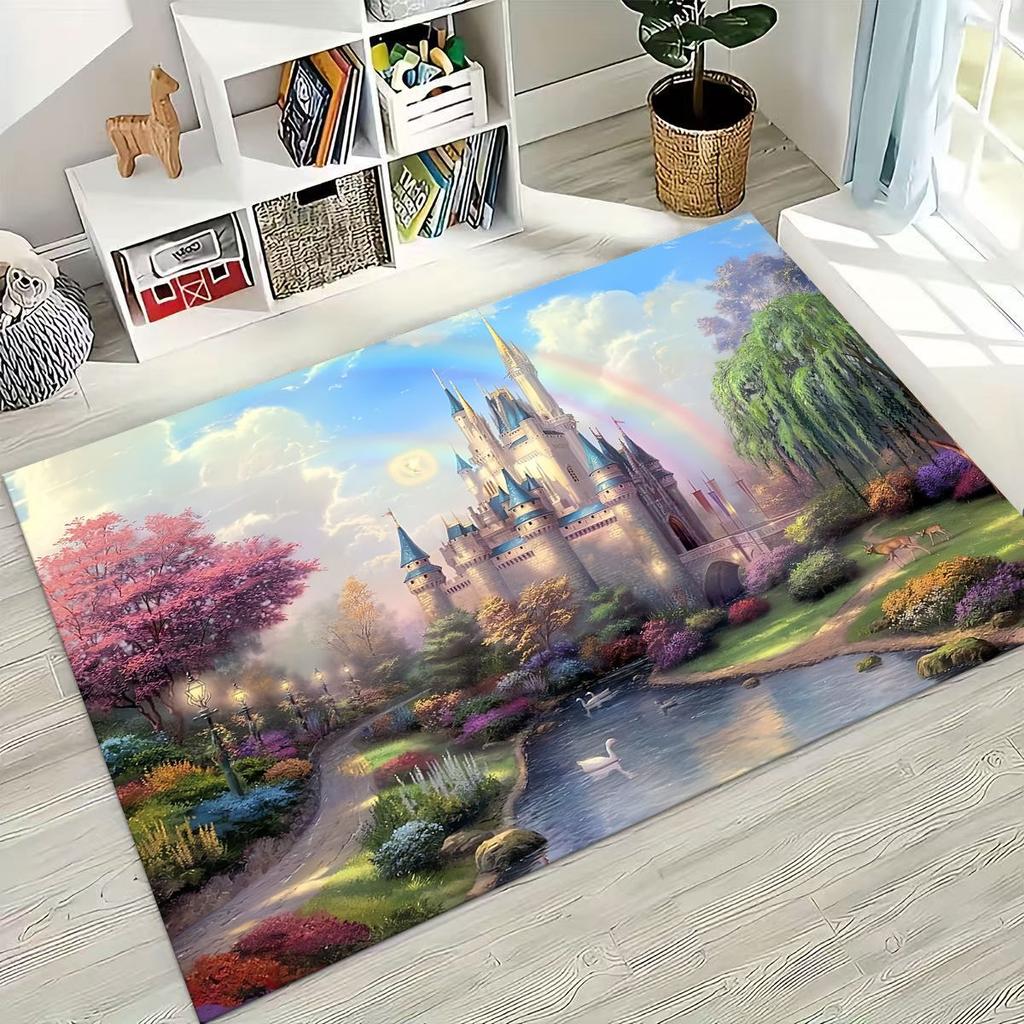 Enchanted Fairytale Princess Castle Gothic Castle Cartoon Rug for Bedroom Living Room Sofa Home Doormat Decor, Kids Non-slip Mat