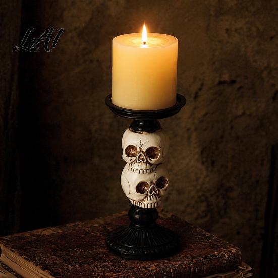 Decorative Candle Holder Gothic Pillar Holder Resin Raven Skull Candlestick Halloween Table Decoration Indoor Tealight Stand for Tabletop Holiday