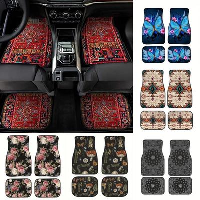 4 PCS New Bohemia Style Car Foot Pads Decorative Botanical Prints Car Floor Carpets Front Rear Floor Mat Set Automotive Supplies