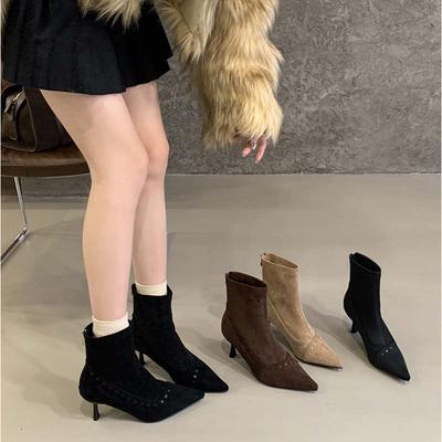 European and American Sweet and Spicy Simple Commuter Short Boots Women's 2025 Autumn and Winter New Suede Pointed Rear Zipper High-heeled Fashion