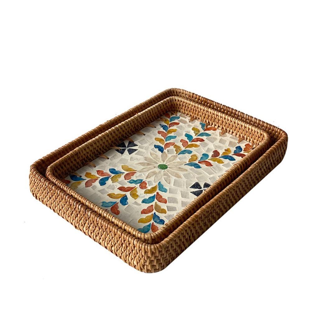 

2pcs Handmade Shell Vine Weaving Basket Colorful Shell Fruit Dish Basket Restaurant Style1