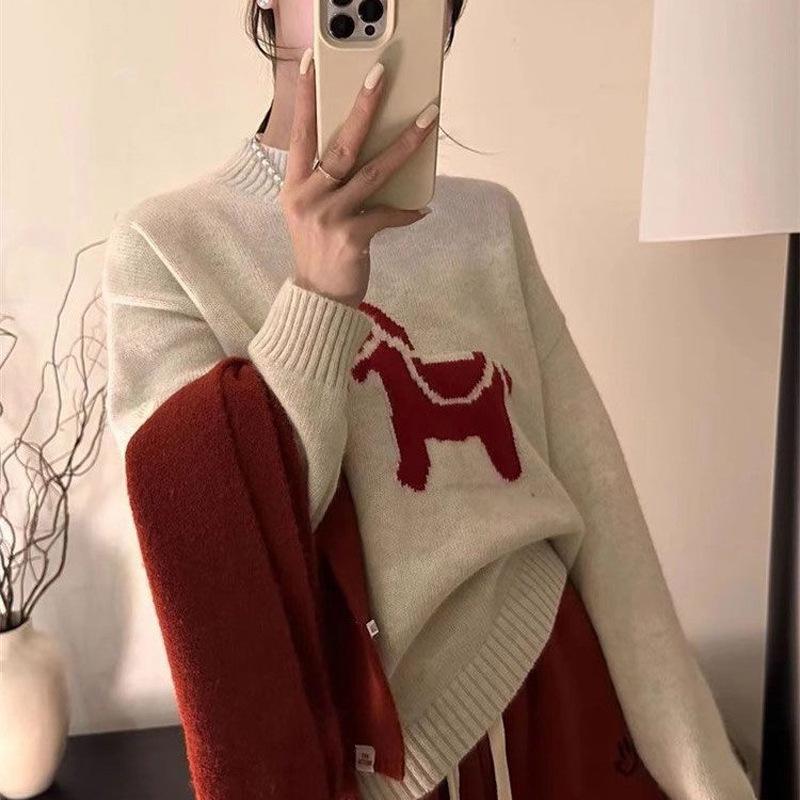 Cute Jacquard Horse Pattern Knit Sweater - Women's Red Christmas Edition