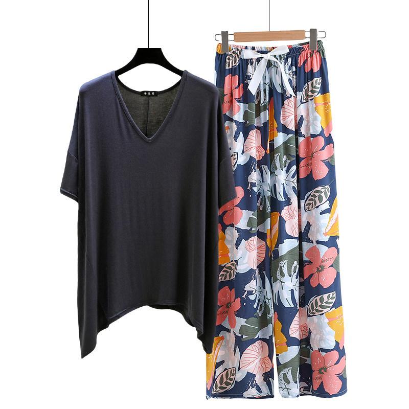irregular Tshirt and floral wide leg pants summer women's casual pajamas sets Short sleeve homewear suit Loose lightweight Loungwear Plus size