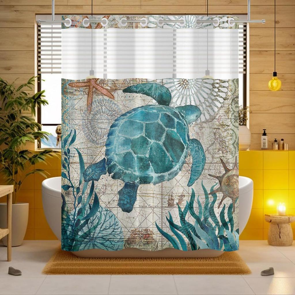 No Hook Blue Shower Curtain with Snap in Liner, Vintage Sea Turtle Bathroom Decor, Waterproof Fabric with See Through Top Window Open Grommet Bath