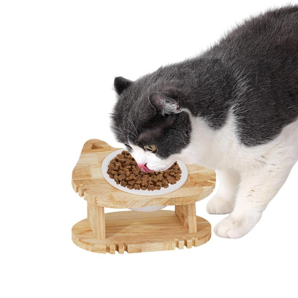 Tilted Cat Feeding Bowls Elevated Non-Slip Pet Feeding Dishes With Wood Stand Raised Tilted Cat Feeder For Indoor Household