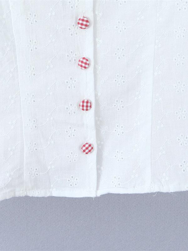 Chemise Blanche à Manches Bouffantes et Col en Dentelle - Haut Rétro pour Femme à Boutonnage Simple, Brodé et Cintré à la Taille