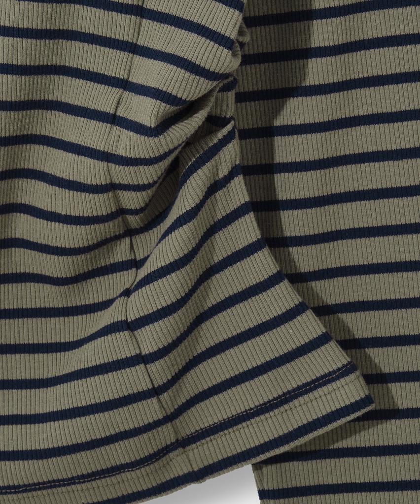 Yujen Henley Neck Shirred Long Sleeve T-Shirt_Stripe Khaki & Navy