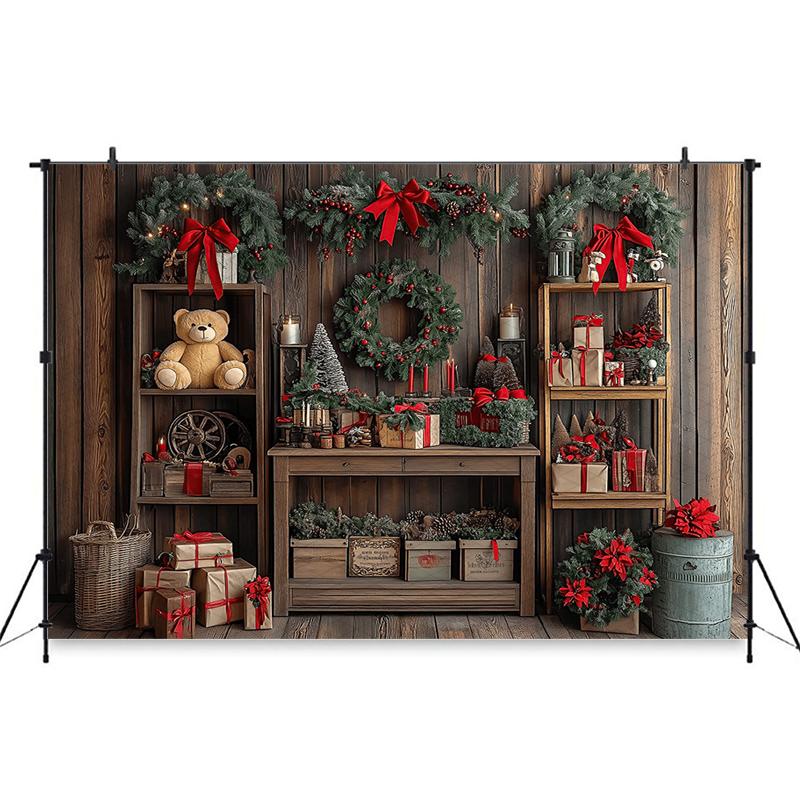Mocsicka Christmas Home Backdrop Soft Washable Indoor Tree Photo Background Photography Wreath Bear Gift Wood House Decor Banner