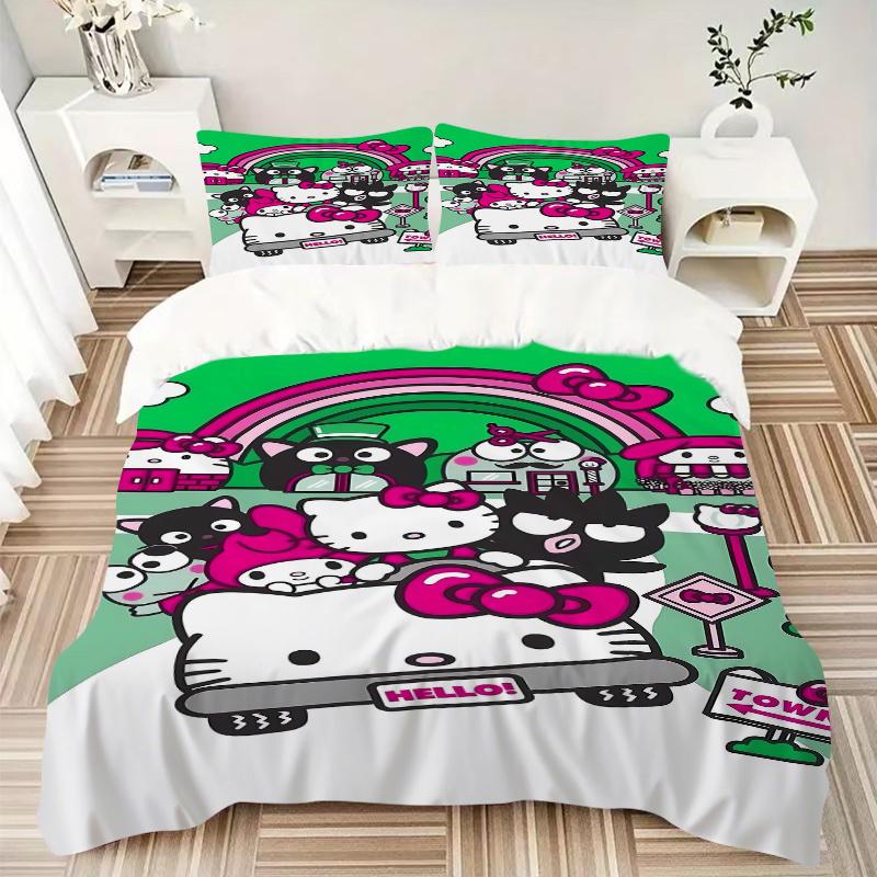 3pcs Under the Rainbow Hello Kitty and Friends Pattern Bedding Set, 1* Cover + 2*Pillowcases, Printed Bedding Set, Soft and Comfortable.S102