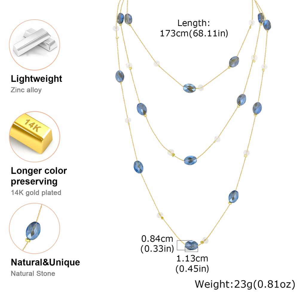 Long Blue Crystal Necklaces for Women, Layered Long Statement Necklace CZ Stone, Sweater Chain Jewelry