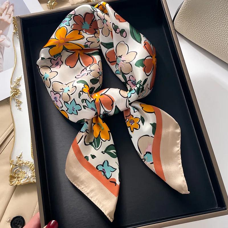 Luxury Square Scarf For Women Elegant Ladies Hijab Neckerchief Soft Stain Imitation Silk Floral Scarves Fashion Shawl For Travel