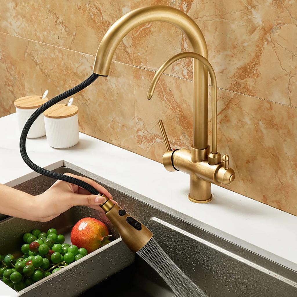 Antique Brass Pull-out Kitchen Faucet Water Purifier Sink Faucet 360° Rotate Hot Cold Drinking Water Filter Kitchen Mixer Taps
