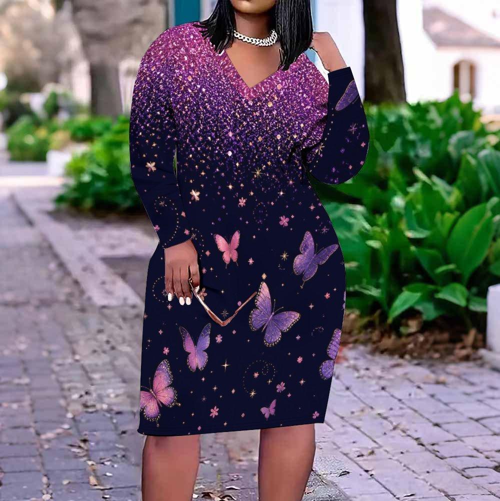Women Plus Size V Neck Long Sleeve Butterfly Printed Fitted Straight Dress