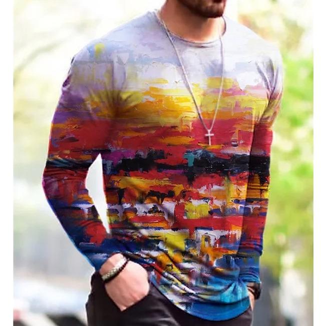 3D Printed Hip Hop Rock T-Shirts for Men Colorful Pattern T-shirts Spring Autumn Casual Long Sleeve Round Neck Loose Tops