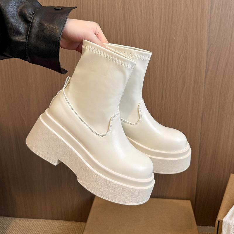

Platform Stretch Black Short Boots Women s 2026 Autumn Height Increasing Ankle Boots for Women Thick Sole Slip on Shoes Fashion 40 бежевий